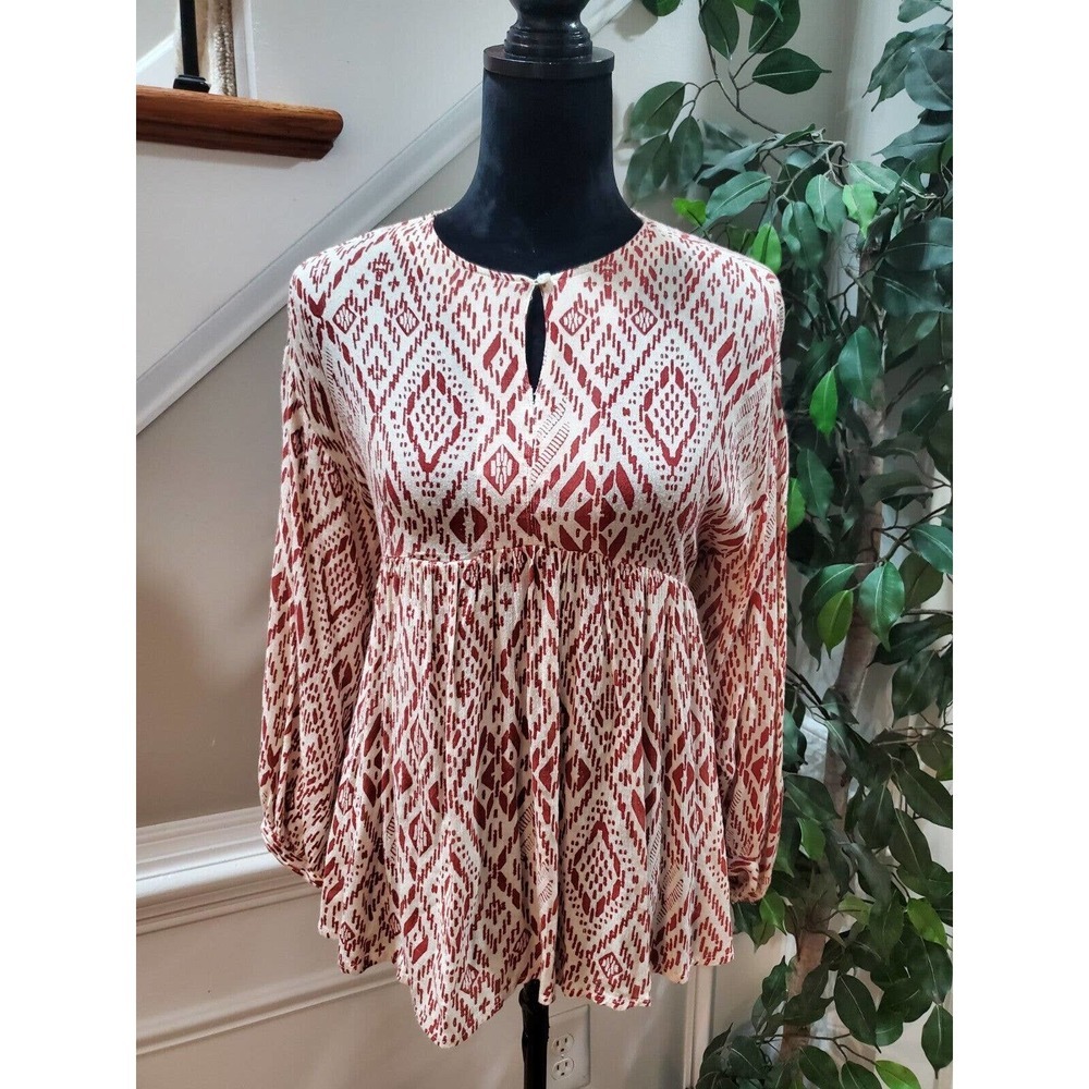 Serene Bohemian Flowy White & Maroon Round Neck Long Sleeve Top Blouse Size S